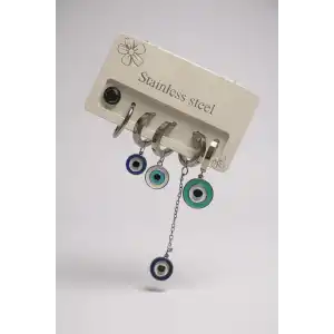 6lı Gümüş Renk Nazar Boncuk Figürlü Çelik Halka Küpe Set