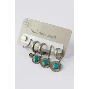 6lı Gümüş Renk Taş Detaylı Çelik Küpe Set