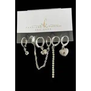 6lı Gümüş Renk Taş Detaylı Küpe Set