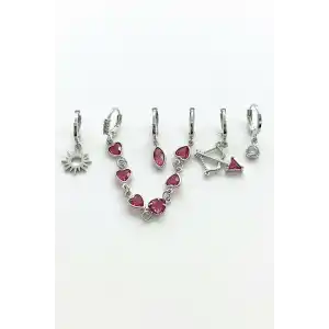 6lı Gümüş Renk Taş Detaylı Küpe Set