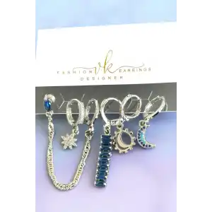 6lı Gümüş Renk Taş Detaylı Küpe Set