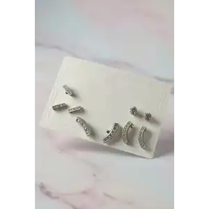 6lı Gümüş Renk Taş Detaylı Küpe Set