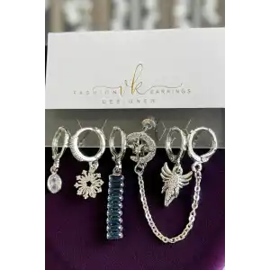 6lı Gümüş Renk Taş Detaylı Küpe Set