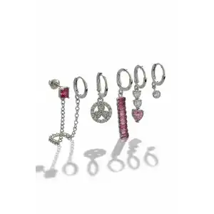 6lı Gümüş Renk Taş Detaylı Küpe Set