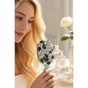 Yeşil Renk Taş Ve Love Yazılı Saç Tarama Fırçası/ Tarak