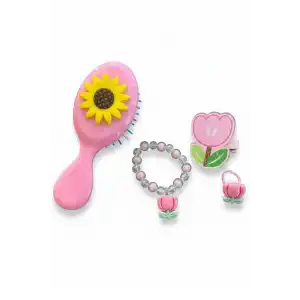 Açık Pembe Renk Çocuk Tarak,Bileklik,Yüzük Ve Toka Set