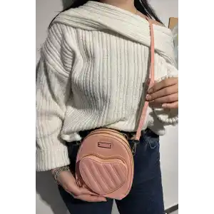 Açık Pembe Renk Kalp Detaylı Deri Kadın Çanta