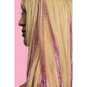 Açık Pembe Renk Simli Yan Postiş Hair Tinsel Shiny Hair (50 Cm)