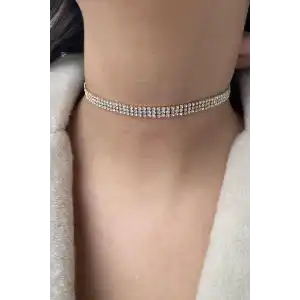 Altın Renk 3 Sıra Taş Detaylı Choker Kolye