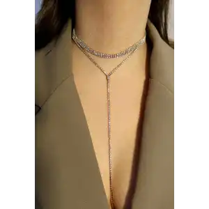 Altın Renk 3 Sıra Taş Detaylı Choker Kolye/ Vücut Aksesuarı