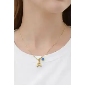 Altın Renk A Harfli Nazar Boncuk Detaylı Çelik Kolye