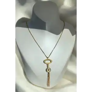 Altın Renk Anahtar Figürlü Taş Detaylı Çelik Kolye