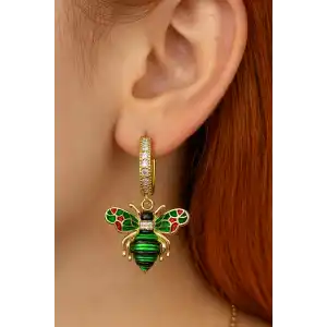 Altın Renk  Arı Figürlü Taş Detaylı Küpe (Çift)