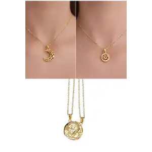 Altın Renk Ay Detaylı İkili Mıknatıslı Çelik Arkadaşlık Kolyesi