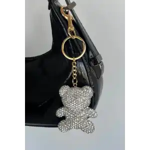 Altın Renk Ayıcık Figürlü Gümüş Renk Taş Detaylı Çanta Charm/ Anahtarlık