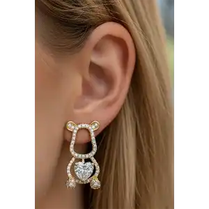 Altın Renk Ayıcık Figürlü Taş Detaylı 14K Altın Kaplama Küpe (Çift)