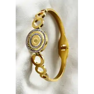 Altın Renk Çeyrek Detaylı Taşlı Çelik Kelepçe Bileklik