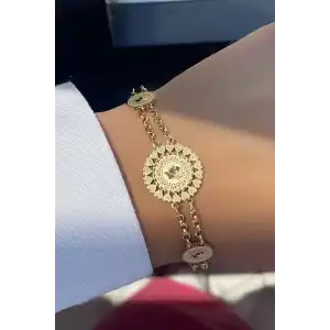 Altın Renk Çeyrek Figürlü Çelik Bileklik
