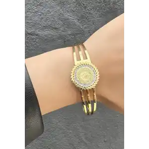 Altın Renk Çeyrek Figürlü Çelik Kelepçe Bileklik