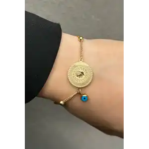 Altın Renk Çeyrek Figürlü Nazar Boncuğu Detaylı Çelik Bileklik
