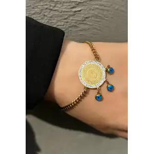 Altın Renk Çeyrek Figürlü Nazar Boncuğu Detaylı Çelik Bileklik