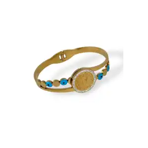 Altın Renk Çeyrek Figürlü Nazar Boncuğu Detaylı Çelik Kelepçe Bileklik