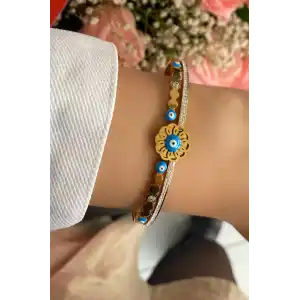 Altın Renk Çiçek Figürlü Çelik Kelepçe Bileklik