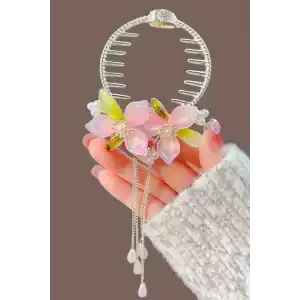 Altın Renk Çiçek Figürlü İnci Ve Taş Detaylı Topuz Toka