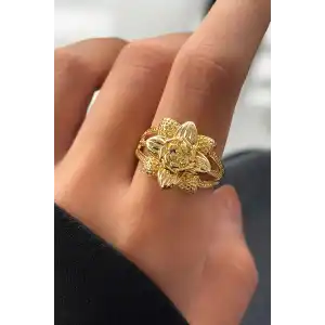 Altın Renk Çiçek Figürlü Metal Ayarlanabilir Yüzük