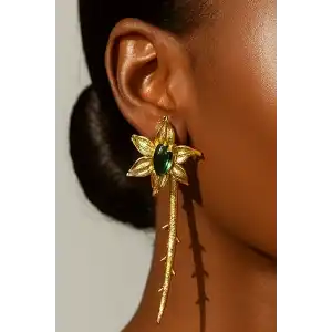 Altın Renk Çiçek Figürlü Taş Detaylı 14K Altın Kaplama TX Küpe (Çift)