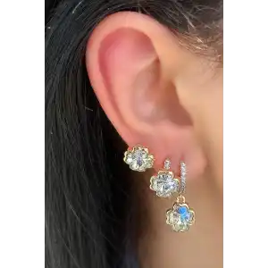 Altın Renk Çiçek Figürlü Taş Detaylı 3lü YSX Küpe Set