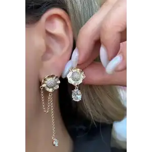 Altın Renk Çiçek Figürlü Taş Detaylı Çelik Xupıng Küpe (Çift)