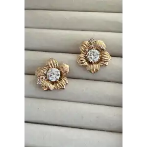 Altın Renk Çiçek Figürlü Taş Detaylı Çelik Xupıng Küpe (Çift)