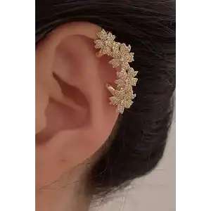 Altın Renk Çiçek Figürlü Taş Detaylı Ear Cuff (Tek)