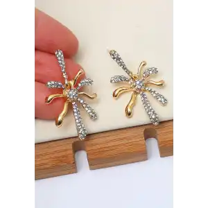 Altın Renk Çiçek Figürlü Taş Detaylı Küpe (Çift)