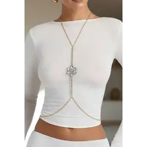 Altın Renk Çiçek Figürlü Taş Detaylı Tasarım Vücut Aksesuar