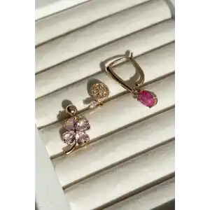 Altın Renk Çiçek Figürlü Taş Detaylı VİP 3lü YSX Küpe Set