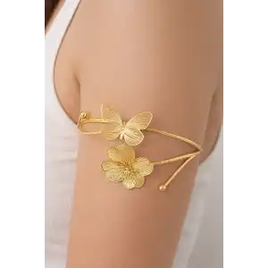 Altın Renk Çiçek Ve Kelebek Figürlü Tasarım Bileklik Kol Aksesuarı