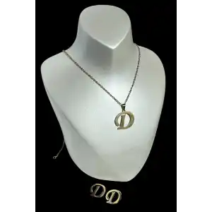 Altın Renk D Harfli Çelik Kolye Ve Küpe Set