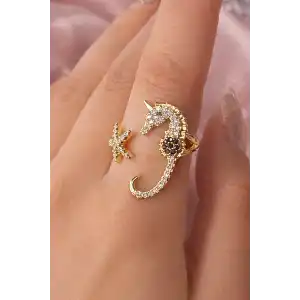 Altın Renk Deniz Atı Figürlü Ayarlanabilir Yüzük
