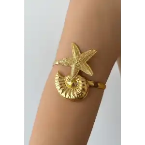 Altın Renk Deniz Kabuğu Ve Yıldız Detaylı Tasarım Bileklik Kol Aksesuarı