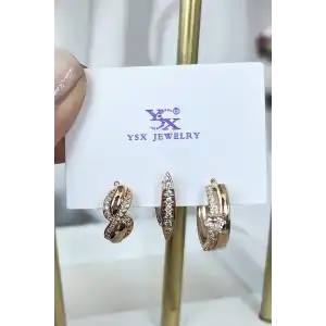 Altın Renk Detaylı VİP 3lü YSX Küpe Set