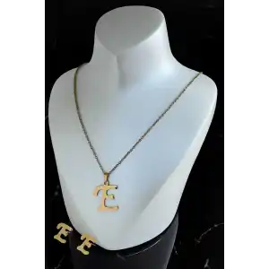 Altın Renk E Harfli Çelik Kolye Ve Küpe Set
