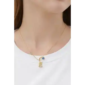 Altın Renk E Harfli Nazar Boncuk Detaylı Çelik Kolye