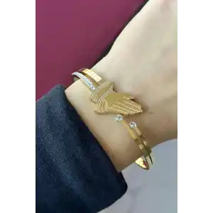 Altın Renk El Figürlü Taş Detaylı Çelik Kelepçe Bileklik