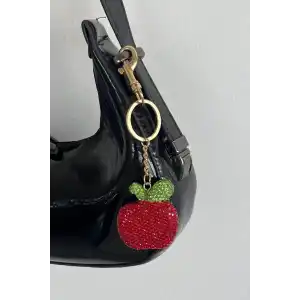 Altın Renk Elma Figürlü Taş Detaylı Çanta Charm/ Anahtarlık