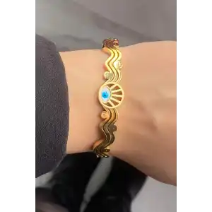 Altın Renk Göz Detaylı Çelik Kelepçe Bileklik