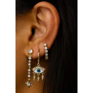 Altın Renk Göz Figürlü Taş Detaylı 3lü YSX Küpe Set