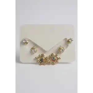 Altın Renk Göz Figürlü Taş Detaylı 6lı Küpe Set