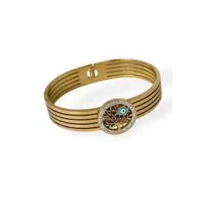 Altın Renk Hayat Ağacı Figürlü Çelik Kelepçe Bileklik